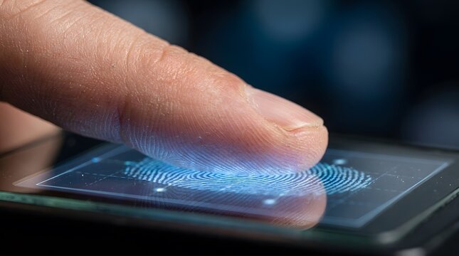 fingerprint touching illuminated biometric scanner glass surface, blue glowing fingerprint recognition lines visible under finger