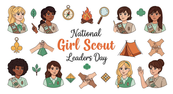 A vector illustration celebrates National Girl Scout Leaders Day with diverse girls in scouting uniforms, compass, campfire, and tent icons, set against a clean white background in a flat