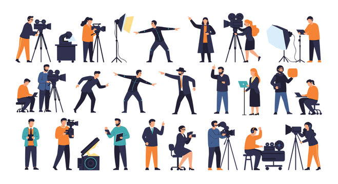 Professional film crew and production staff working on set with cameras and lighting equipment during a movie shoot.