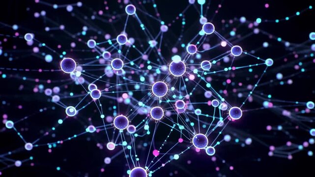 Abstract blue fiber optics background with glowing light spots and network pattern 4k tech animation video