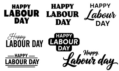 Fototapeta premium Happy Labour Day text collection in seven diverse black typography styles including bold, script, outline, and handwritten fonts, perfect for Workers Day greetings, social media, posters