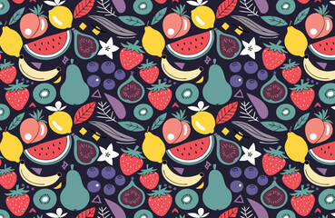 Naklejka premium Colorful fruit pattern with watermelon strawberries lemons pears and figs on black
