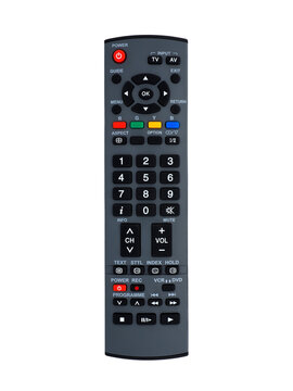Top view, black remote control for TV (television) or radio, cutout concept for in decorate the interior or various electronic appliance, isolated object on transparent background.