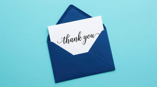 An open blue envelope reveals a thank you card on a vibrant blue background