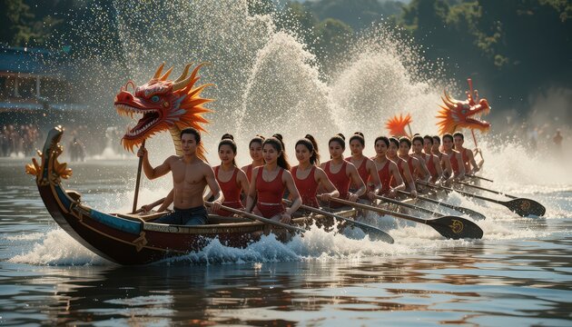 Dragon boat team paddling in unison on serene lake with water splashes