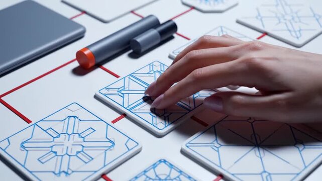 Hand arranging geometric pattern tiles on a futuristic grid, close-up shot