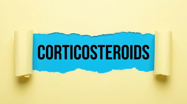 The word CORTICOSTEROIDS is revealed on a blue background through torn yellow paper