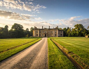 Obraz premium Majestic stately home in the english countryside with a grand lawn and a long driveway