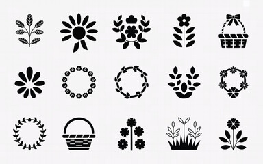 Obraz premium Collection of black silhouette icons featuring flowers baskets and wreaths on a light gray background for design and decoration