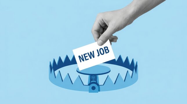 A hand places a new job offer card into a dangerous trap on a light blue background