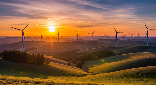 wind turbines in Oiz eolic park wind turbine farm sundown