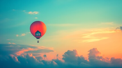 Obraz premium Dreamy Hot Air Balloon With House Floating Above Sunset Clouds Serenely
