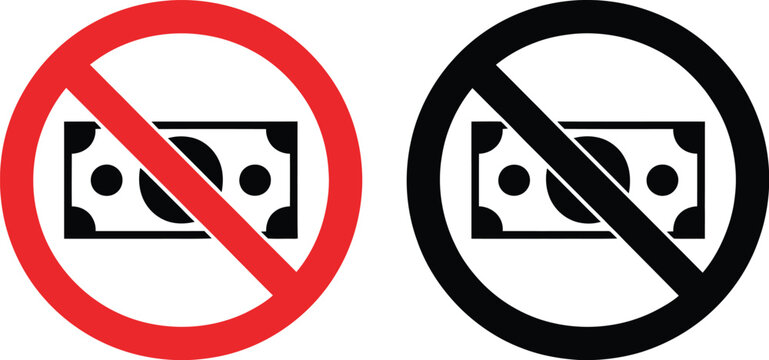 No money symbol icons set, flat vector silhouettes representing financial constraints budgeting banking and economic limitation concepts for graphic design.
