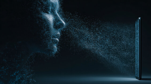 Digital Face Recognition: A thought-provoking portrayal of digital face recognition, showcasing the convergence of technology and human identity. A fragmented face merges with a sleek device.