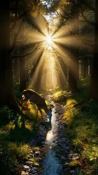 A Tranquil Forest Scene Illuminated by Sunlight: Gentle Rays of Light Filter Through Trees, Creating a Magical Atmosphere, Enhanced by a Graceful Deer by the Stream