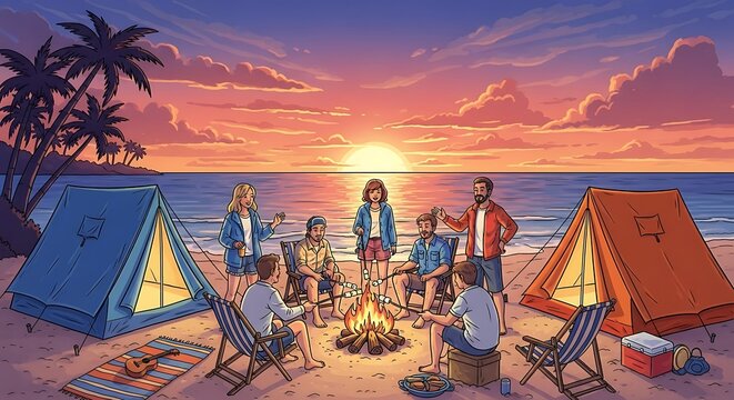 Beach Bonfire at Sunset.