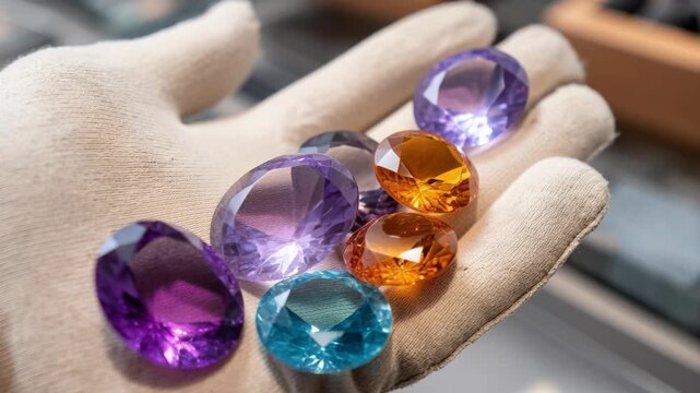 A gloved hand displays a collection of faceted gemstones including amethyst, citrine and blue topaz.