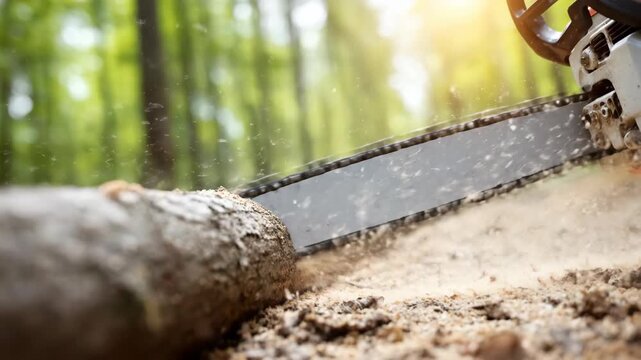 A close-up shot of a chainsaw cutting through a fallen log in a bright forest with flying sawdust.