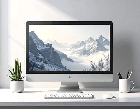Modern desktop computer with scenic mountain landscape wallpaper display setup