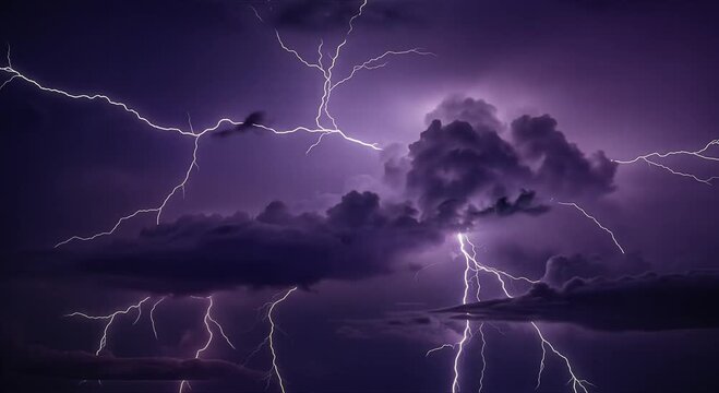 dramatic purple lightning storm over dark clouds at night