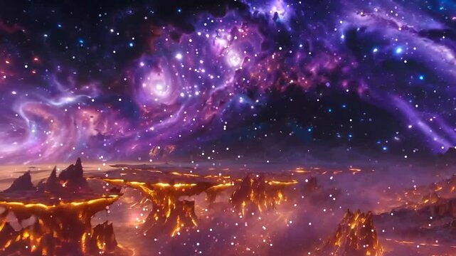 Purple galaxy above an alien cityscape, perfect for scifi book covers, posters, and digital art projects with cosmic themes.