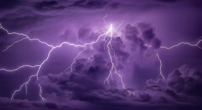 dramatic purple thunderstorm over dark clouds with jagged lightning bolts