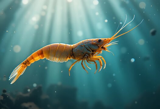 Transparent live shrimp swimming in clear turquoise ocean water with sun rays underwater. live shrimp in water