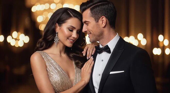 elegant couple in tuxedo and sequined gown at gala ballroom