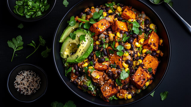 Overhead sweet potato and black bean salad with avocado in dark bowl