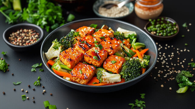 Glazed grilled tempeh with broccoli and carrot in a dark bowl