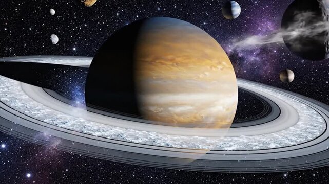 Saturn planet with rings and moons in outer space with stars and galaxies in the background, a stunning celestial scene