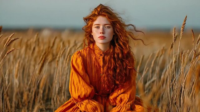 A captivating portrait of a red-haired woman amidst a sun-drenched wheat field evokes feelings of serenity and natural beauty, perfect for lifestyle m