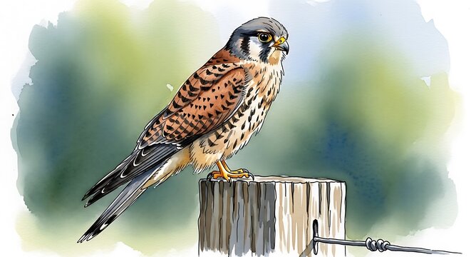 A vigilant goshawk perched on a weathered wooden post against a blurred natural backdrop