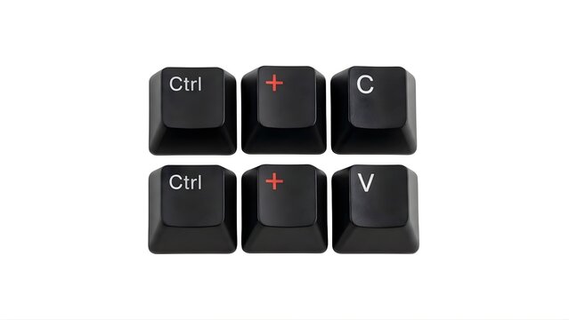 A close-up of black computer keyboard keys for copy and paste functions on a white background