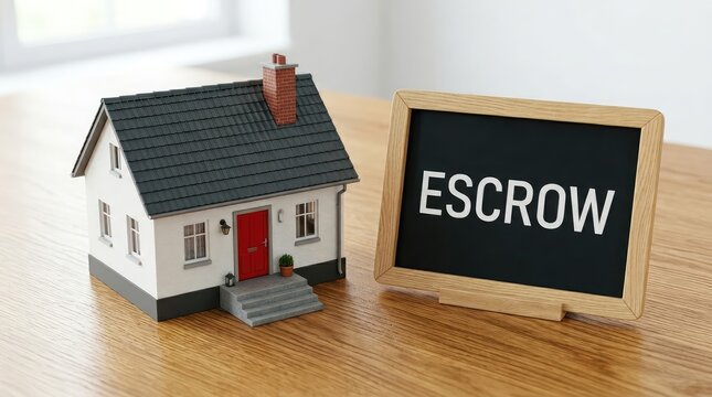 A miniature house model stands next to a chalkboard displaying the word escrow on a wooden table