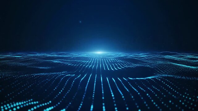Glowing blue light beams radiate outward in digital waves across dark space
