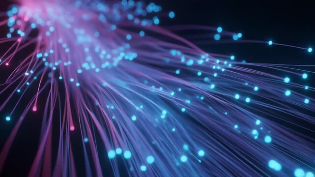 Vibrant blue and pink fiber optic cables radiate outward
