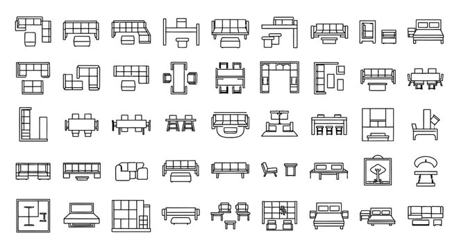 blueprint furniture icons set for interior design floor plans and architectural projects