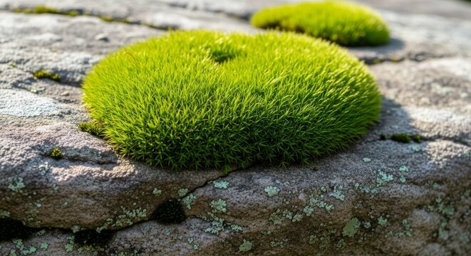 Vibrant Green Moss Grows On Weathered Rock Surface