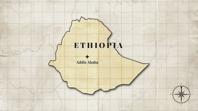 Vintage Style Animated Ethiopia Map with Country Borders and Capital Addis Ababa on Old Paper Background

