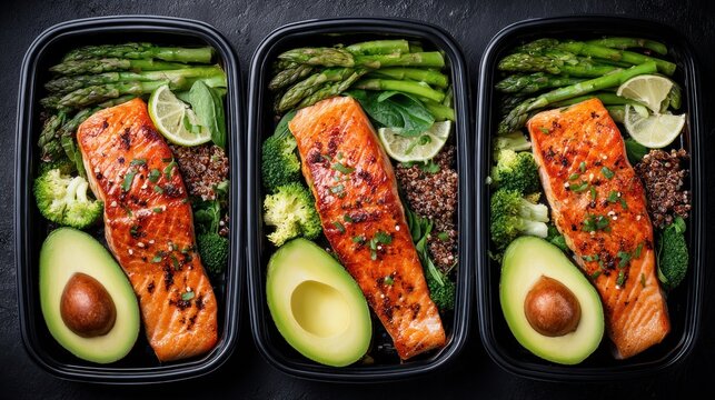 Three prepackaged containers display balanced meals featuring grilled fish and fresh produce.