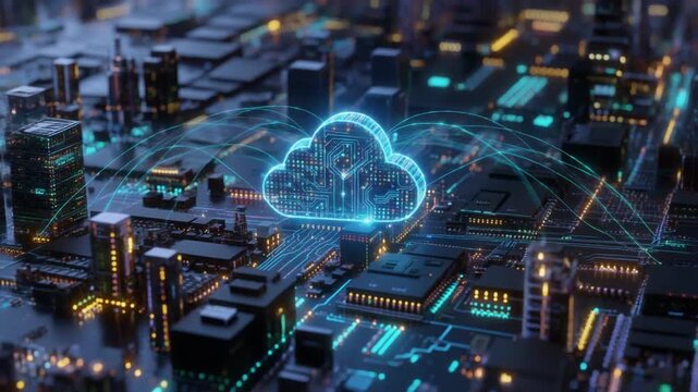Digital visualization of cloud computing, showing a networked connection between data center servers and cloud storage