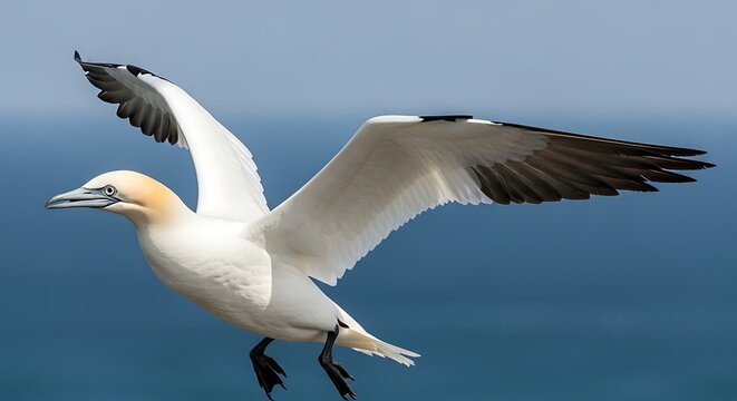 Graceful northern gannet soaring over the ocean with wings spread wide