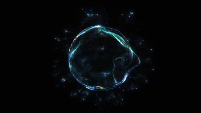 Abstract Blue Digital Technology Sphere Particle Glowing Data,symbolizing a big data futuristic digital network .Digital Artificial Intelligence background with particles. 3D wireframe geometric spher