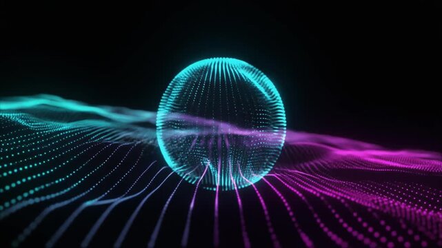 Glowing neon sphere pulses with vibrant blue and pink light waves on a dark background