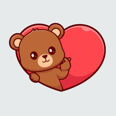 Fototapeta premium A cute teddy bear is peeking from behind a large, solid red heart, flat vector mascot illustration.