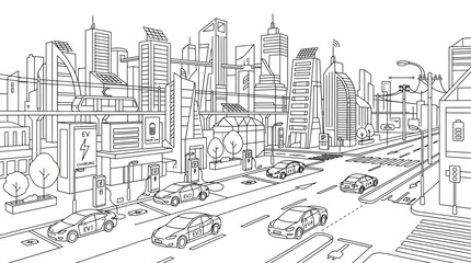 Naklejka premium Futuristic city landscape with electric vehicles charging and smart infrastructure