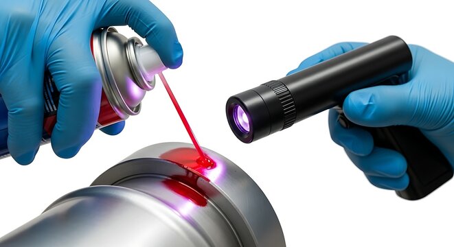 Dye Penetrant Inspection Using UV Light on Metal Surface