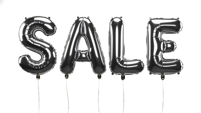 Silver foil balloons spelling sale with white background typography promotion commerce shopping discount advertisement marketing celebration clearance seasonal isolated uppercase metallic