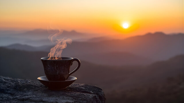 A steaming cup of hot coffee sitting on a rugged mountain rock during a beautiful golden sunrise